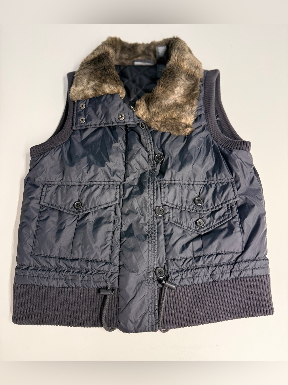 DKNY Active Womens Black Quilted Puffer Vest with Faux Fur Collar